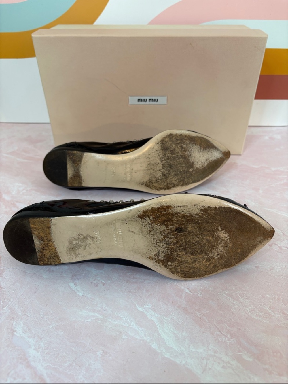 Miu Miu Calzature Vernice Black Patent Studded Bow Pointed Ballet Flats 37/ us7 - Picture 7 of 7